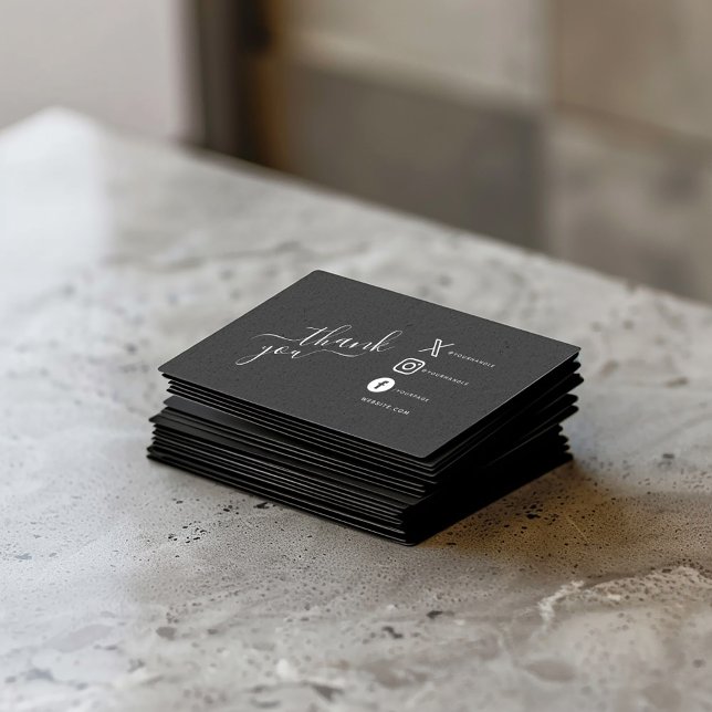 White social media icons thank you discount enclosure card (Black insert card with "thank you" script and white social media icons, message and QR code.)