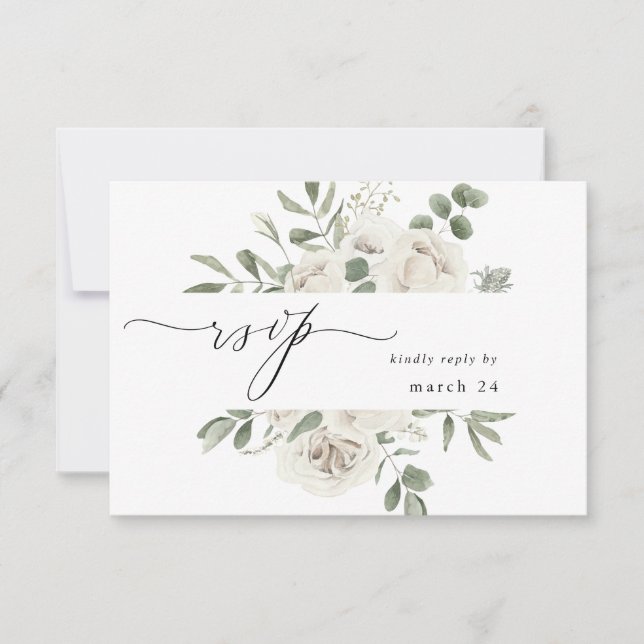 White Soft Floral & Eucalyptus w Meal RSVP 3 Card (Front)
