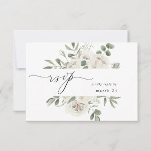 White Soft Floral & Eucalyptus w Meal RSVP 3 Card