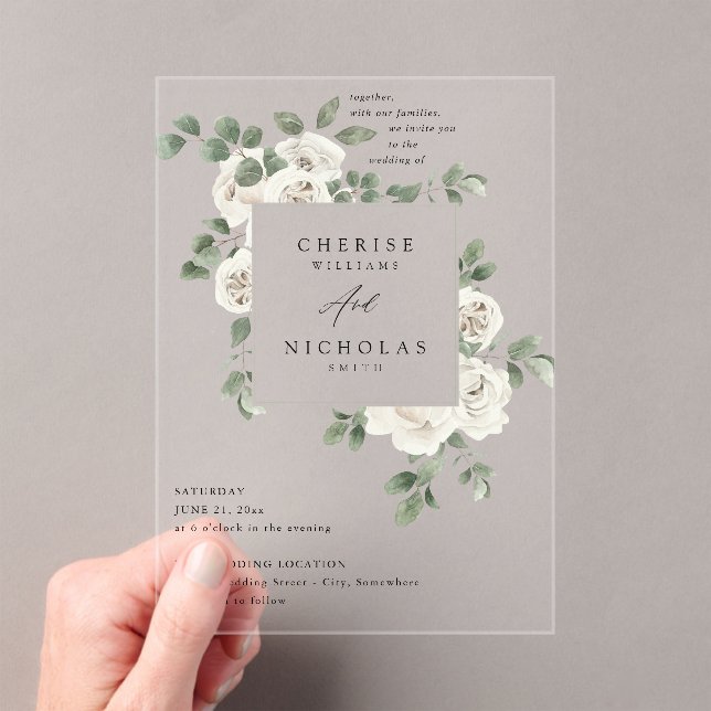 White Soft Floral & Eucalyptus Wedding V2 Acrylic Invitations (Insitu (Handheld))