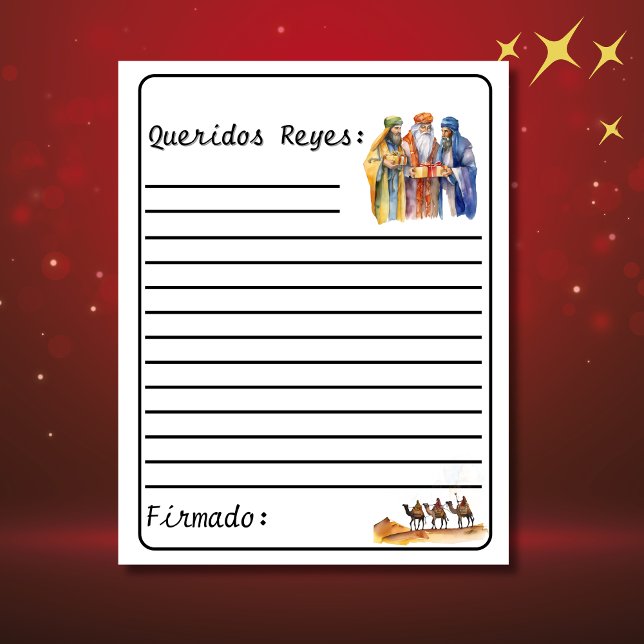 White Spanish Letter to the Wise Men - Los Reyes (Carta a los reyes, customizable & personalized. white letter with lines. Con Jesús en el camino)