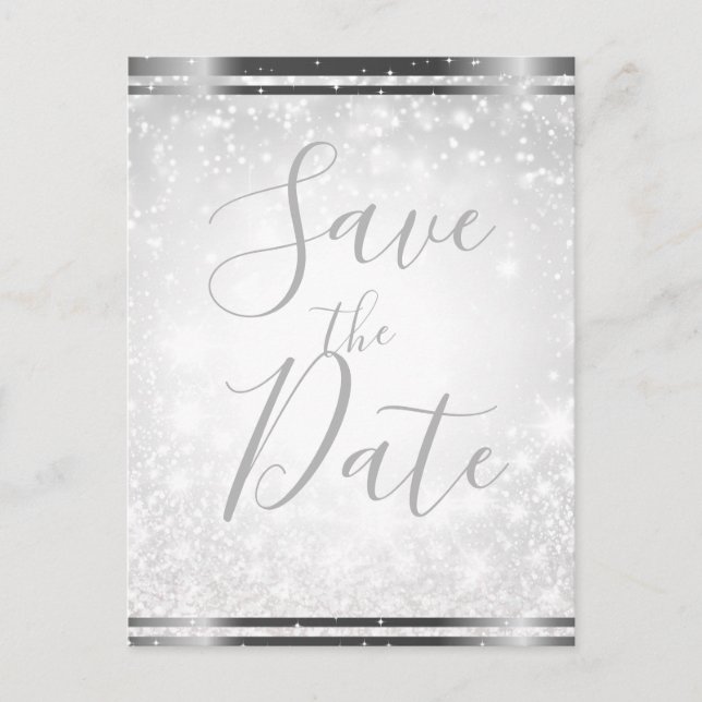 White Sparkle Elegant Winter Wedding Save the Date Announcement Postcard (Front)
