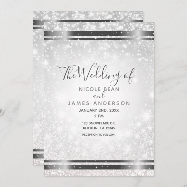 White Sparkle Elegant Winter Wonderland Wedding Invitation (Front/Back)
