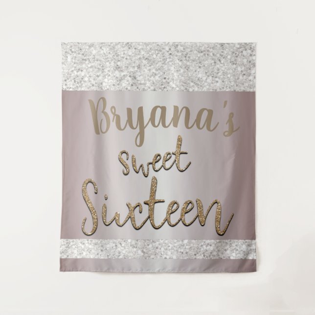 White Sparkle Glitter Blush Pink Sweet 16 Backdrop Tapestry (Front)