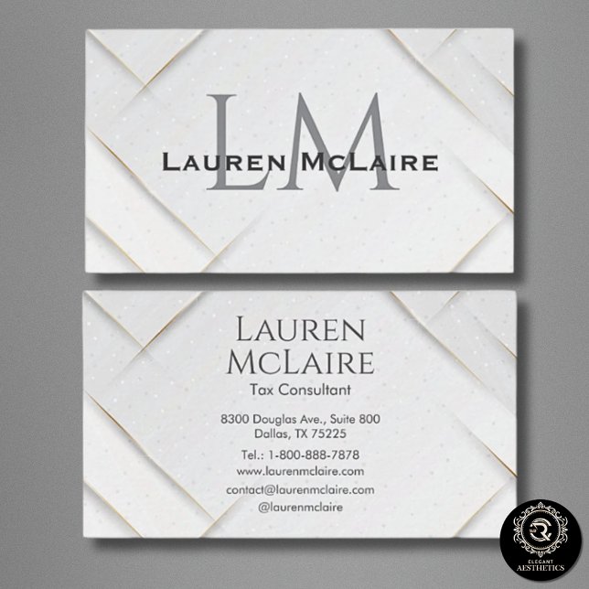 White Sparkle & Gold Accent Monogram Business Card (Creator Uploaded)