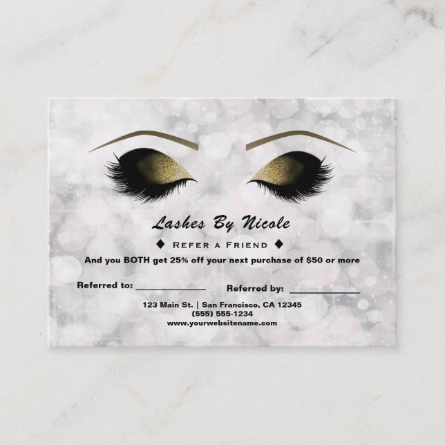 White Sparkle Lights Lashes Refer Friend Aftercare Referral Card (Front)