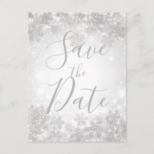 White Sparkle Winter Wonderland Save the Date Announcement Postcard