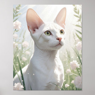 White Sphinx Cat and Flowers Poster