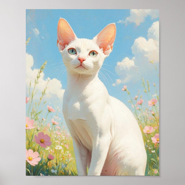 White Sphinx Cat and Flowers Poster (Front)