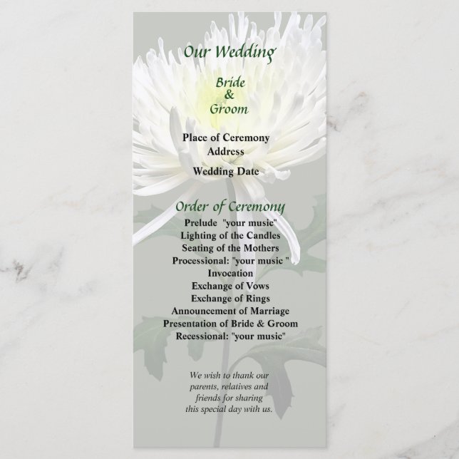 White Spider Mum Wedding Program (Front)