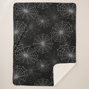 White Spider Web Cobweb Silk Pattern on Black Sherpa Blanket