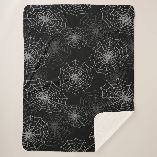White Spider Web Cobweb Silk Pattern on Black Sherpa Blanket (Front)