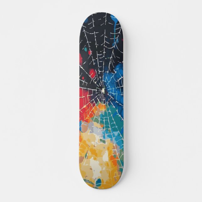 White Spider Web on Multi-Color Paint Splatter Skateboard (Front)