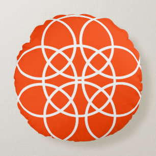 White Spiral Circles on Bright Orange Round Cushion