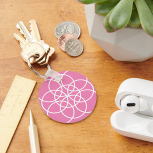 White Spiral Circles on Pink Key Ring
