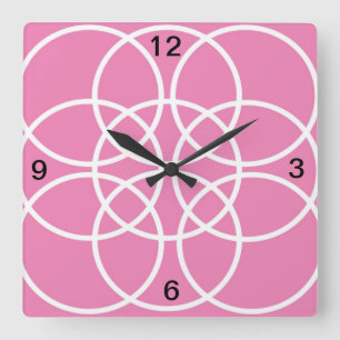 White Spiral Circles on Pink Square Wall Clock