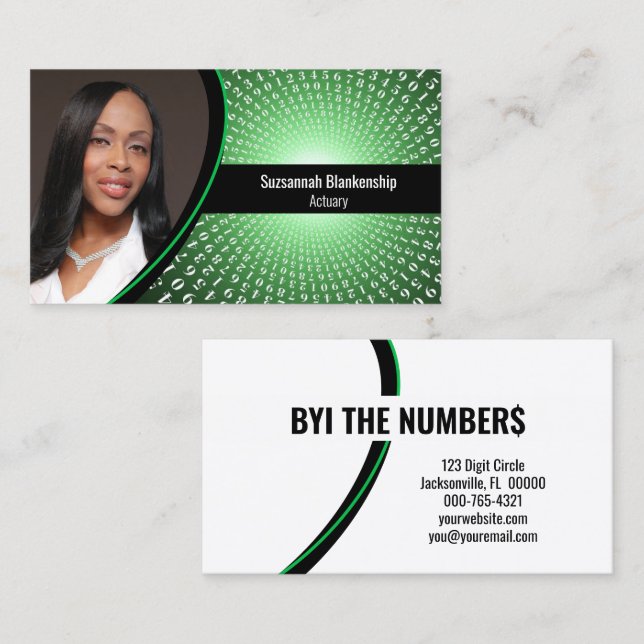 White Spiral Numbers on Green Custom Photo  Business Card (Front/Back)