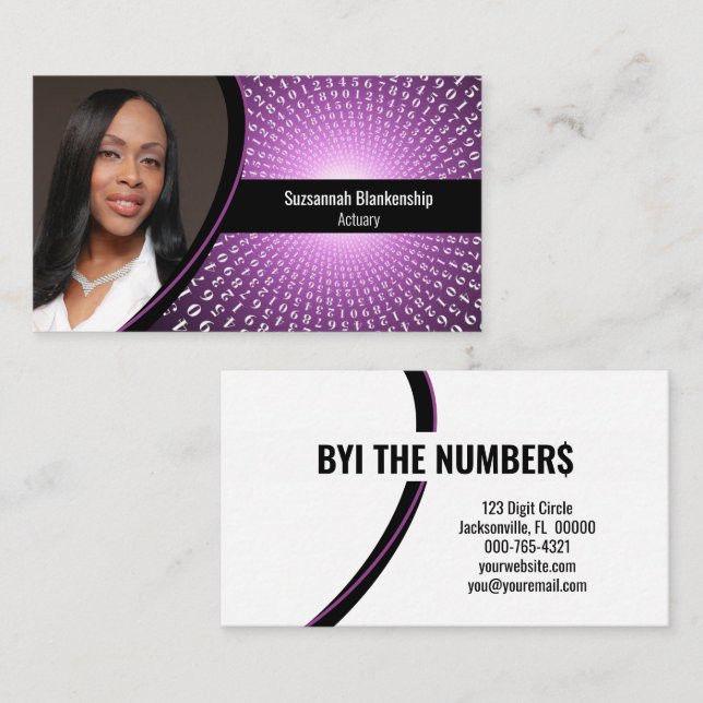 White Spiral Numbers on Purple Custom Photo  Business Card (Front/Back)