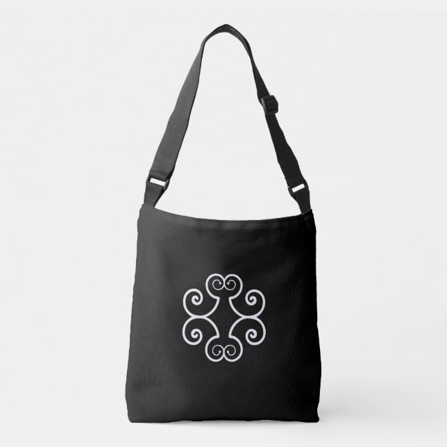 White spiral vector on black crossbody bag (Front)