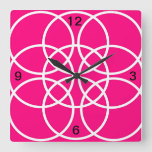 White Spirals on Bright Pink Square Wall Clock