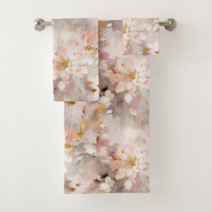 White Splashy Abstract Flowers Neutral Tones Bath Towel Set