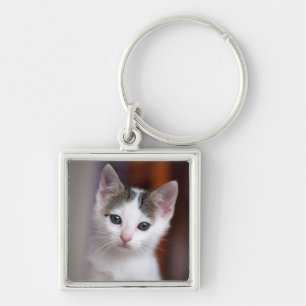White Spotted Kitty Key Ring