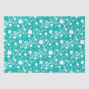 White Spring Blossom Flowers Pattern on Teal Tissue Paper