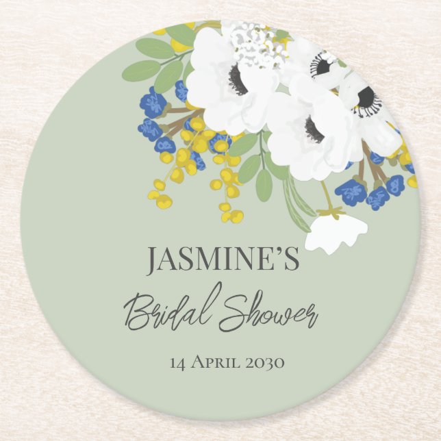 White Spring Floral Bouquet Bridal Shower  Round Paper Coaster (Front)