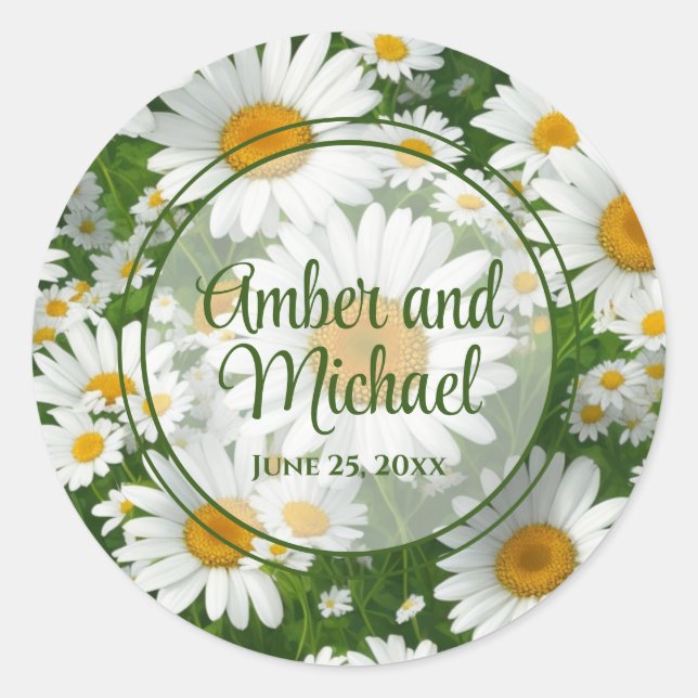 White spring floral white daisies greenery classic round sticker (Front)