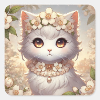 White Spring Flowers Princess Cat Square Sticker