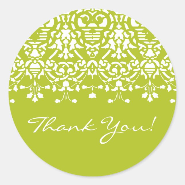White & Spring Green Damask Thank You Sticker (Front)