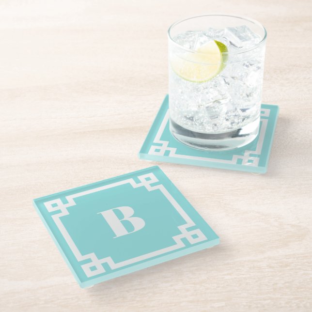 White Square Greek Key Border Aqua Blue Monogram Glass Coaster (Angled)
