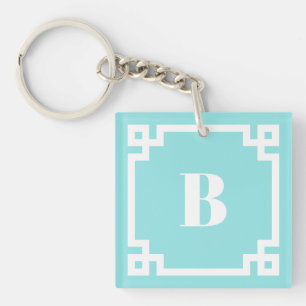 White Square Greek Key Border Aqua Blue Monogram Key Ring