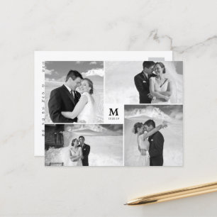 White Square Monogram 4 Photo Wedding Thank You Postcard