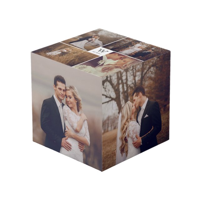 White Square Monogram 8 Photo Minimalist Wedding Cube (Front Angled)