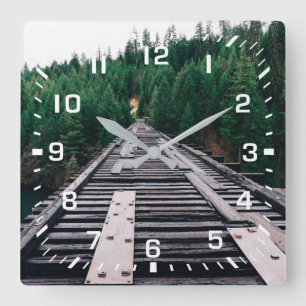 White Square Numbers / Pine Tree Railroad Tracks Wall Clock
