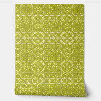 White Squares Circles On Avocado Green Mid Century