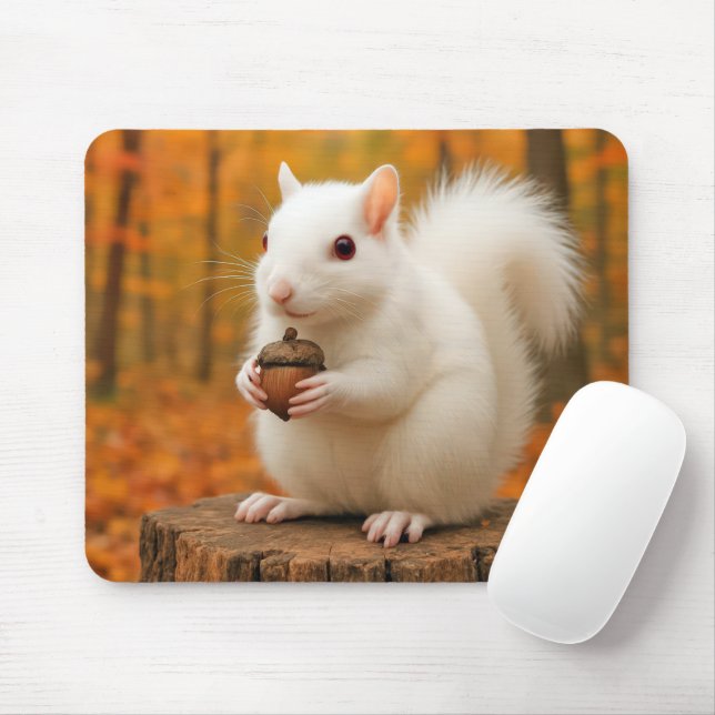 White Squirrel Holding an Acorn Mouse Pad (With Mouse)