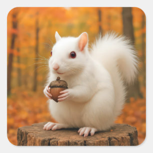 White Squirrel Holding an Acorn Square Sticker