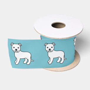 White Staffordshire Bull Terrier Dog On Blue Satin Ribbon