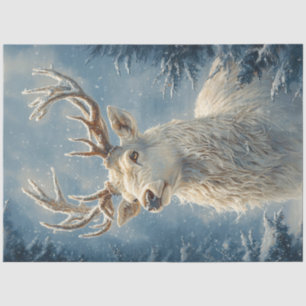 White Stag Portrait Mystical Winter Art Decoupage Tissue Paper
