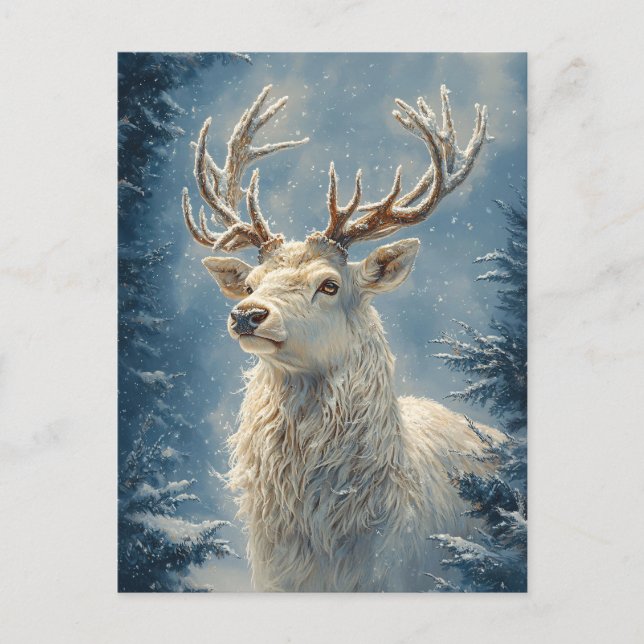 White Stag Portrait Mystical Winter Art Postcard (Front)
