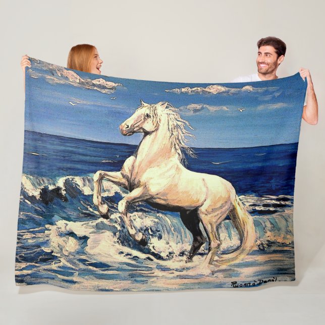 White Stalion, Andalusian horse in ocean/seascape Fleece Blanket (In Situ)