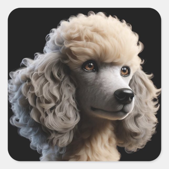 White Standard Poodle Puppy Dog on Black Square Sticker (Front)