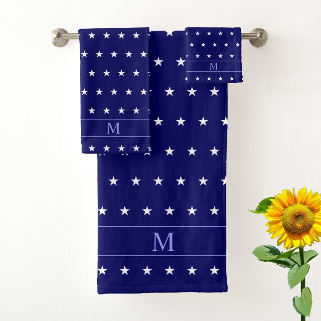 White Star Pattern & Monogram on Navy Blue Bath Towel Set (Creator Uploaded)