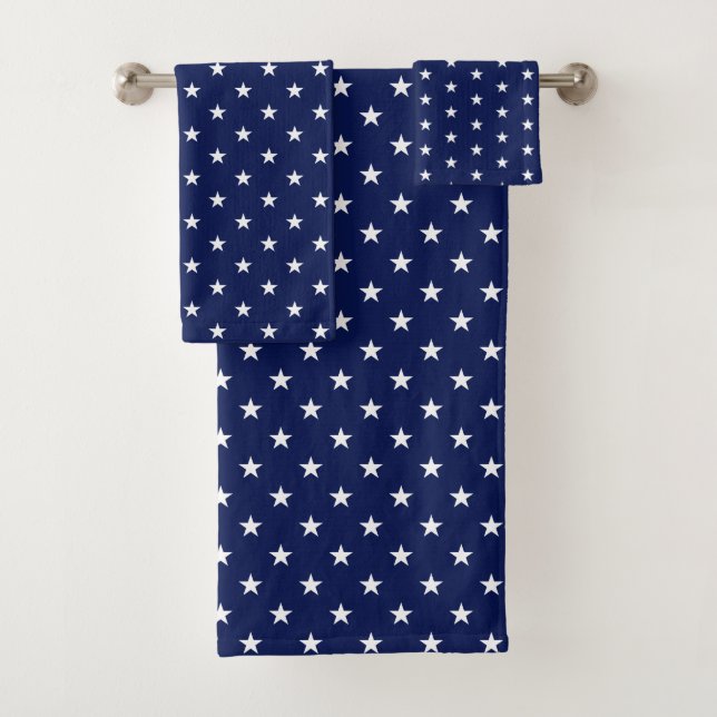White Star Pattern on Navy Blue Bath Towel Set (Insitu)