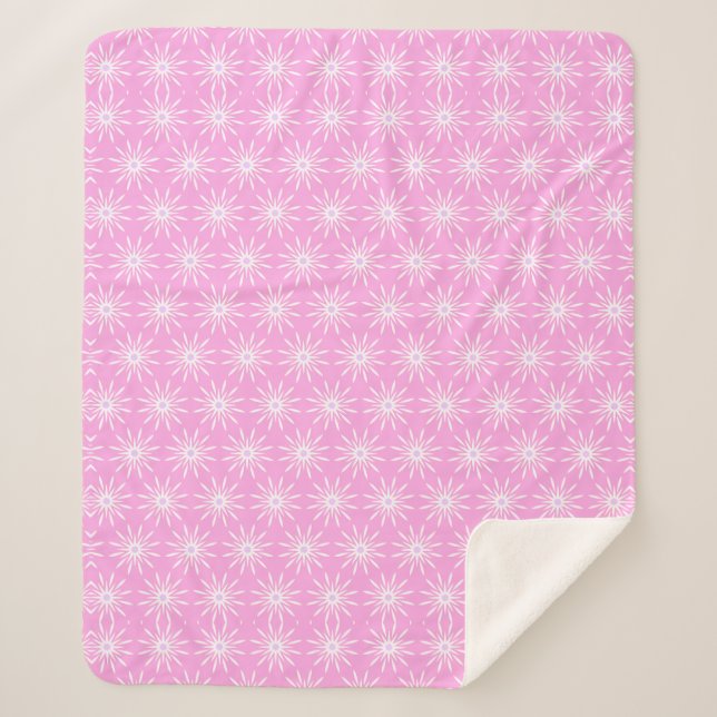 White Starburst Flowers on Pink Sherpa Blanket (Front)