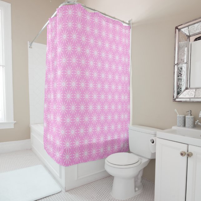 White Starburst Flowers on Pink Shower Curtain (In Situ)