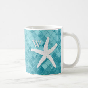 White Starfish Aqua Sea Glass Monogram Coffee Mug