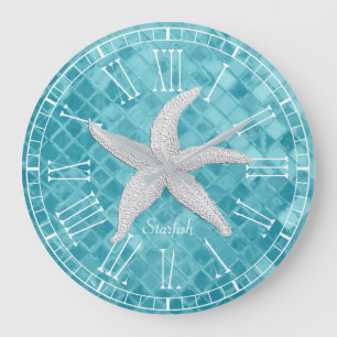 White Starfish Aqua Sea Glass Personailize Large Clock